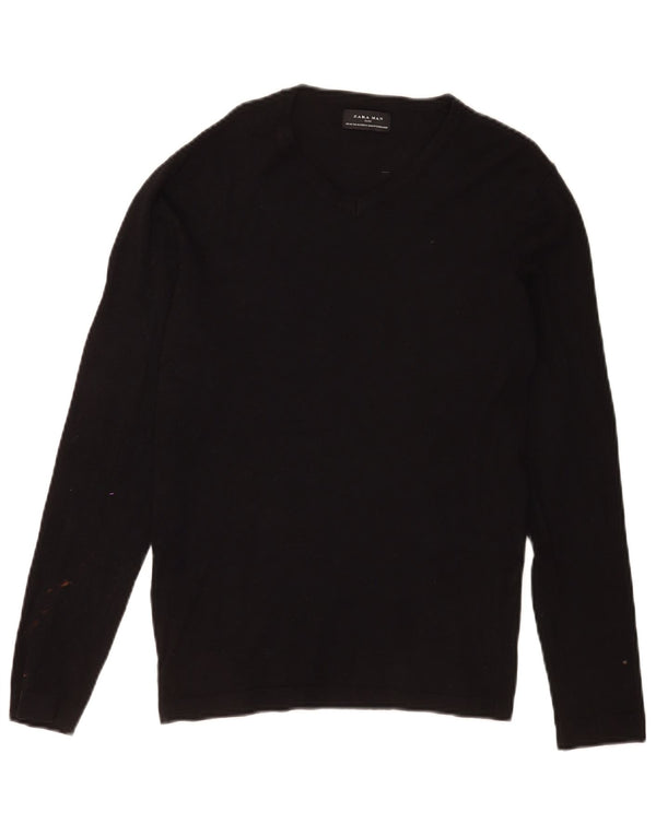 Zara Mens V-Neck Jumper Sweater Medium Black Viscose