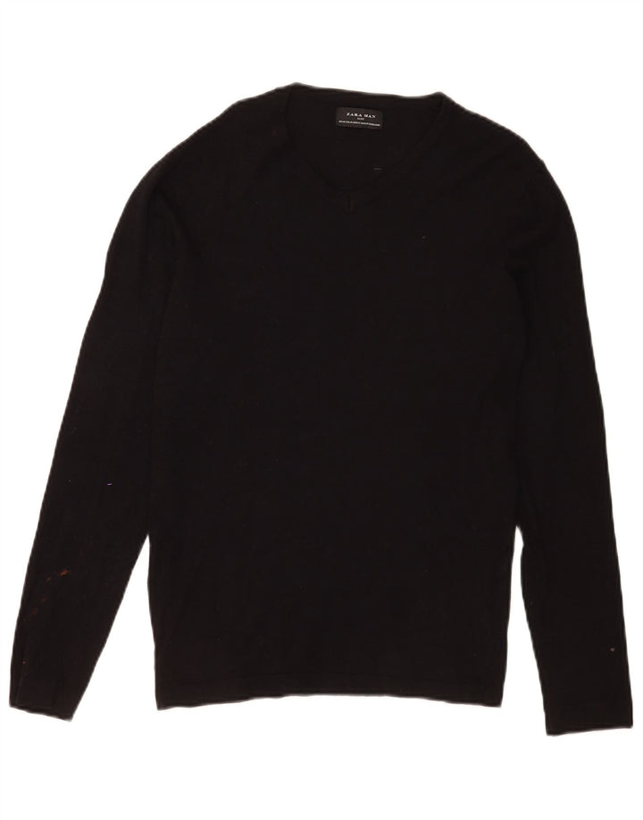 Zara Mens V-Neck Jumper Sweater Medium Black Viscose