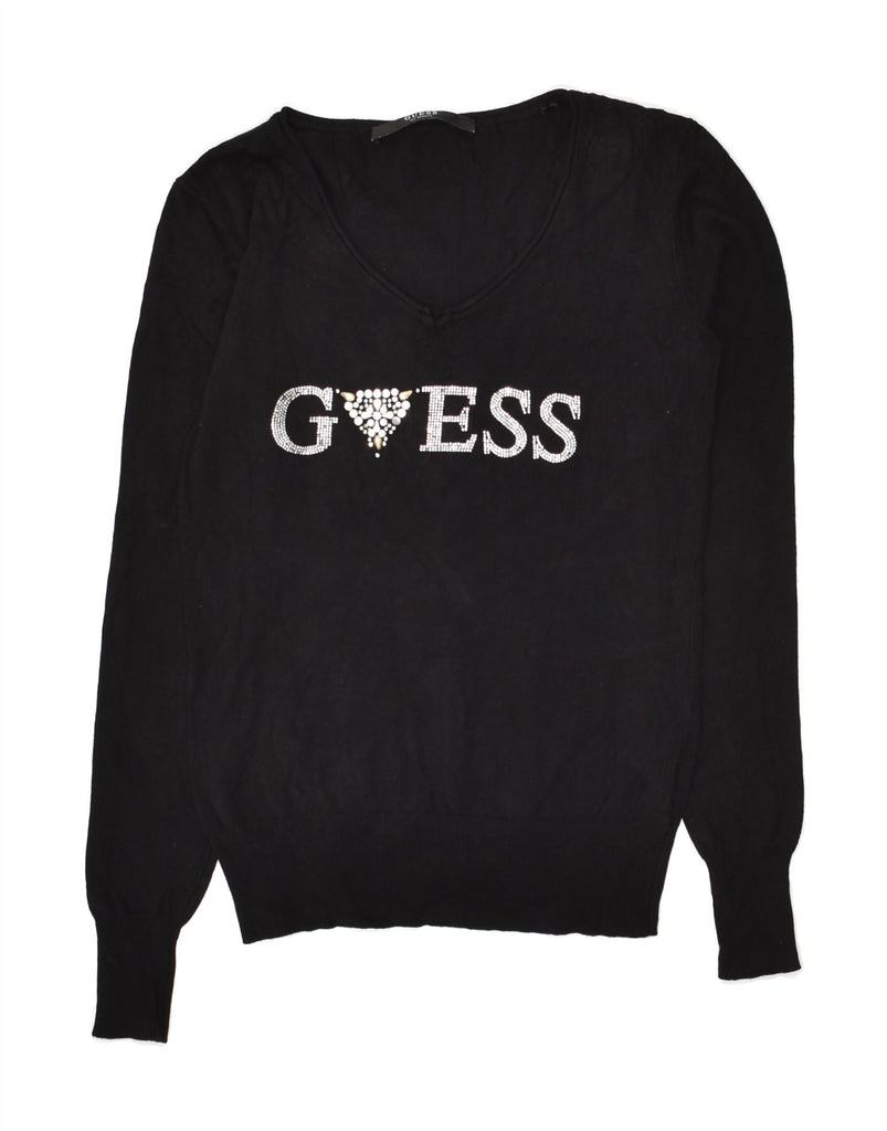 GUESS Womens Graphic V-Neck Jumper Sweater UK 4 XS Black Viscose | Vintage Guess | Thrift | Second-Hand Guess | Used Clothing | Messina Hembry 