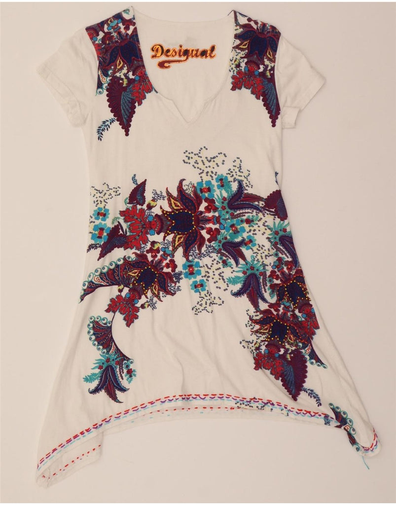 DESIGUAL Womens Graphic Tunic Dress UK 10 Small White Floral Vintage Desigual and Second-Hand Desigual from Messina Hembry 