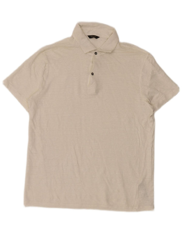 Massimo Dutti Mens Polo Shirt Large Beige Flecked Linen