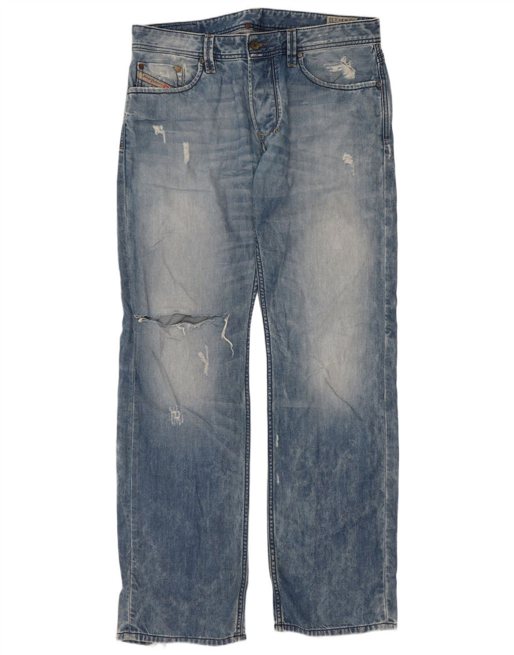 Diesel Mens Larkee Distressed Regular Straight Jeans W33 L32 Blue Cotton
