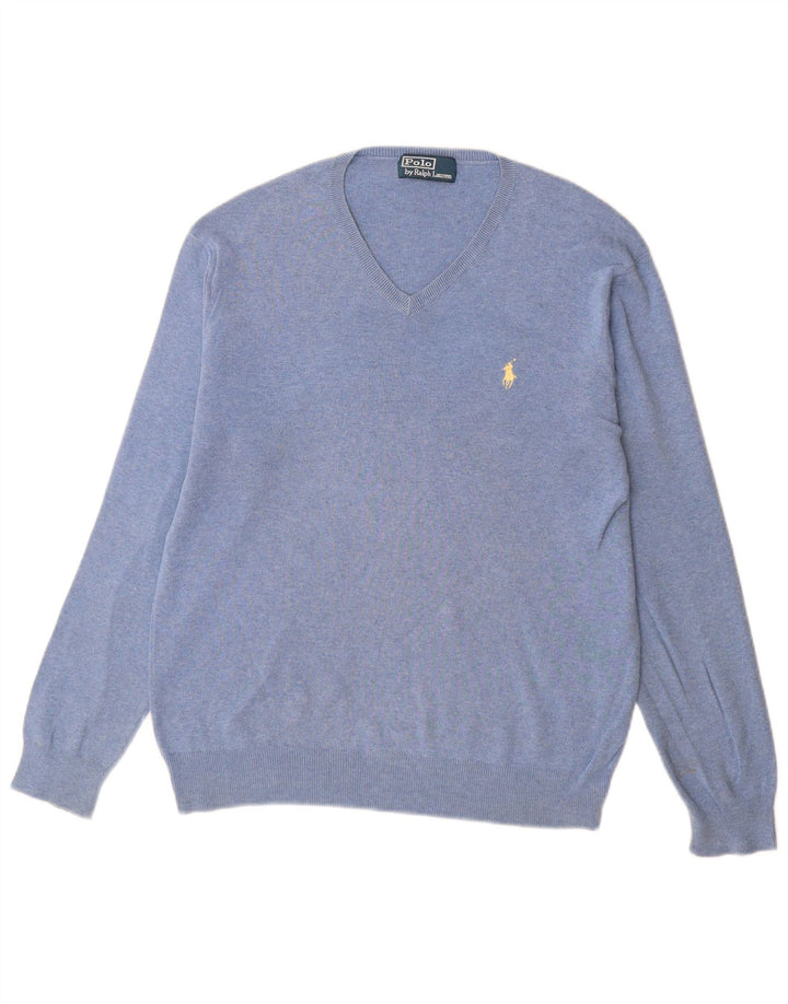 Polo Ralph Lauren Mens V-Neck Jumper Sweater Medium Blue Cotton