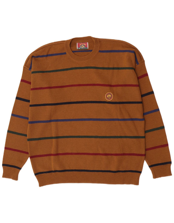 Navigare Mens Crew Neck Jumper Sweater Medium Brown Striped Wool