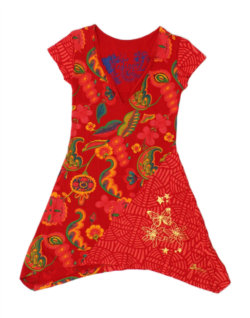 DESIGUAL Womens Asymmetrical Dress UK 8 Small Red Floral Cotton | Vintage Desigual | Thrift | Second-Hand Desigual | Used Clothing | Messina Hembry 