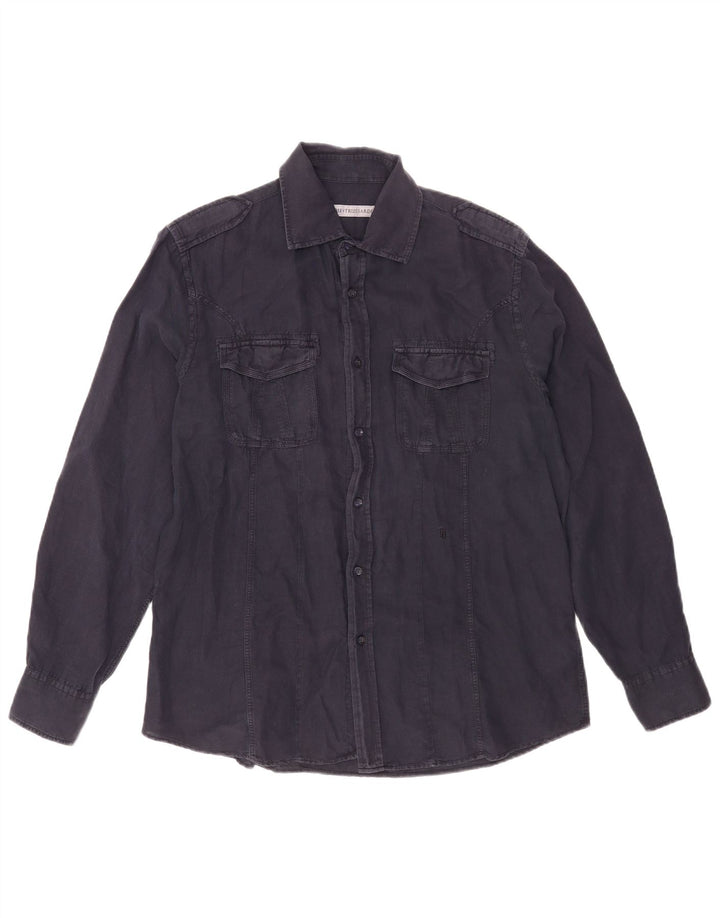 Trussardi Mens Military Shirt Large Navy Blue Linen