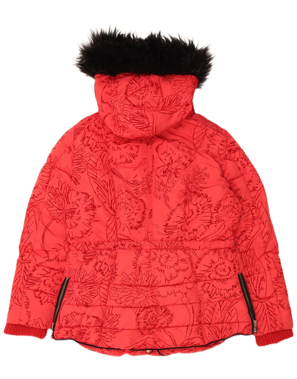 Desigual Womens Hooded Padded Jacket EU 44 XL Red Floral Polyester