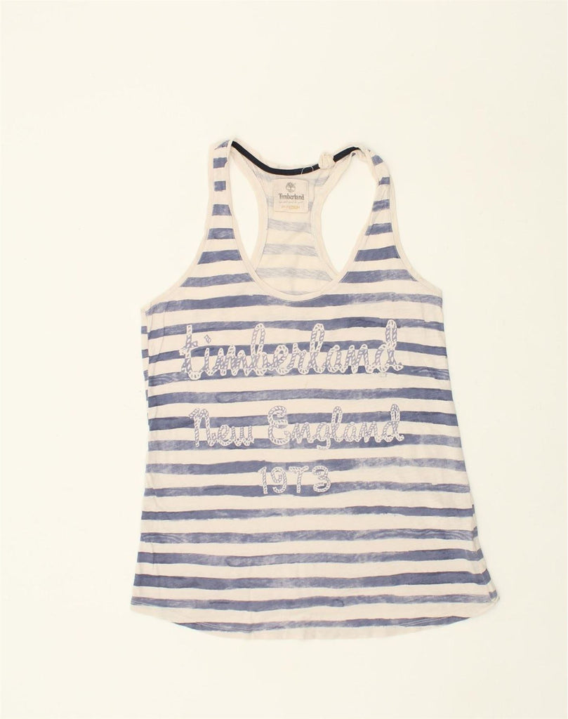 TIMBERLAND Womens Graphic Vest Top UK 14 Medium Blue Striped Cotton | Vintage Timberland | Thrift | Second-Hand Timberland | Used Clothing | Messina Hembry 