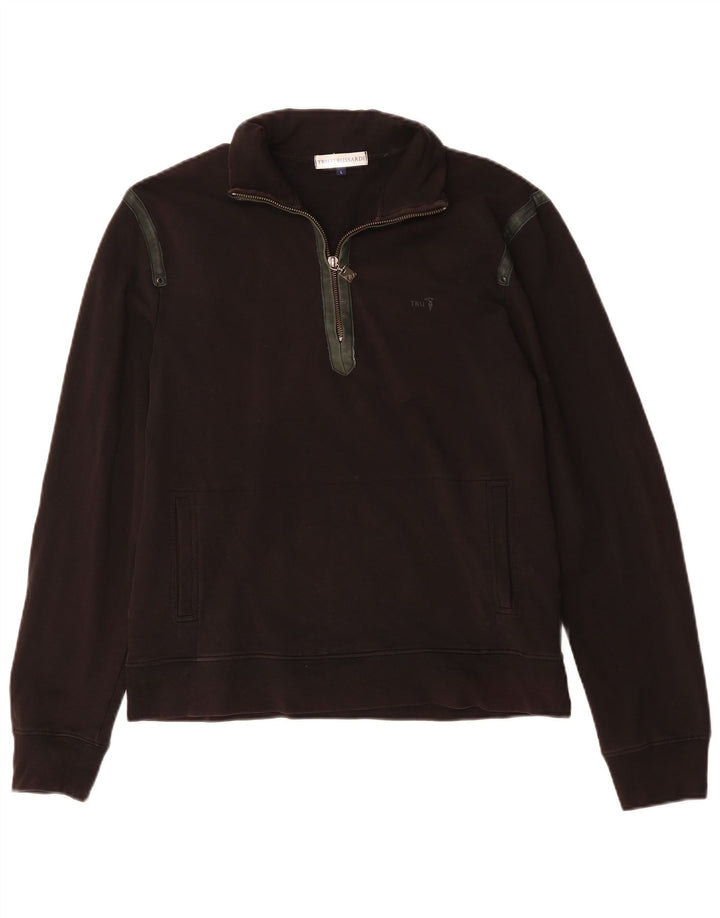 Trussardi Womens Zip Neck Sweatshirt Jumper Large Black Cotton