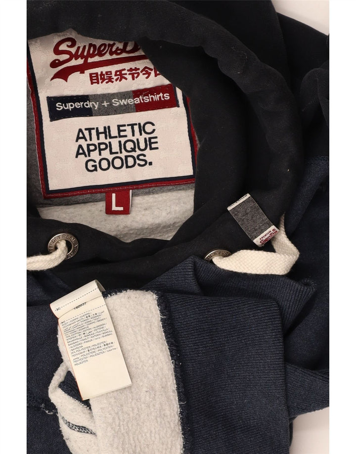 SUPERDRY Mens Graphic Hoodie Jumper Large Navy Blue Colourblock Cotton