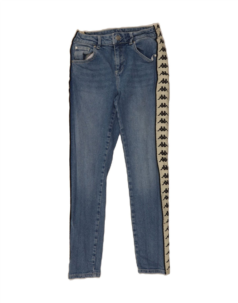 KAPPA Womens Crop Graphic Skinny Jeans Small W24 L26 Blue Colourblock Vintage Kappa and Second-Hand Kappa from Messina Hembry 