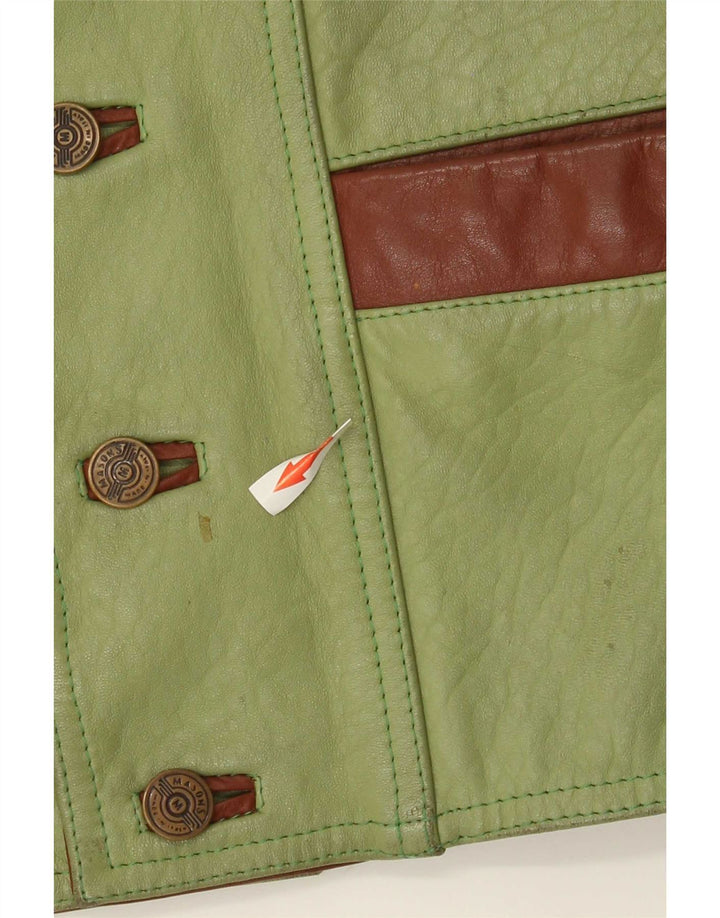 Vintage Mens Leather Waistcoat Large Green Colourblock