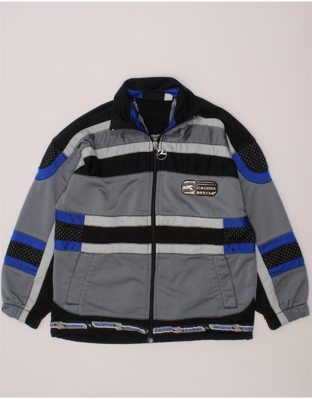 DIADORA Boys Graphic Tracksuit Top Jacket 7-8 Years Grey Striped Polyester Vintage Diadora and Second-Hand Diadora from Messina Hembry 