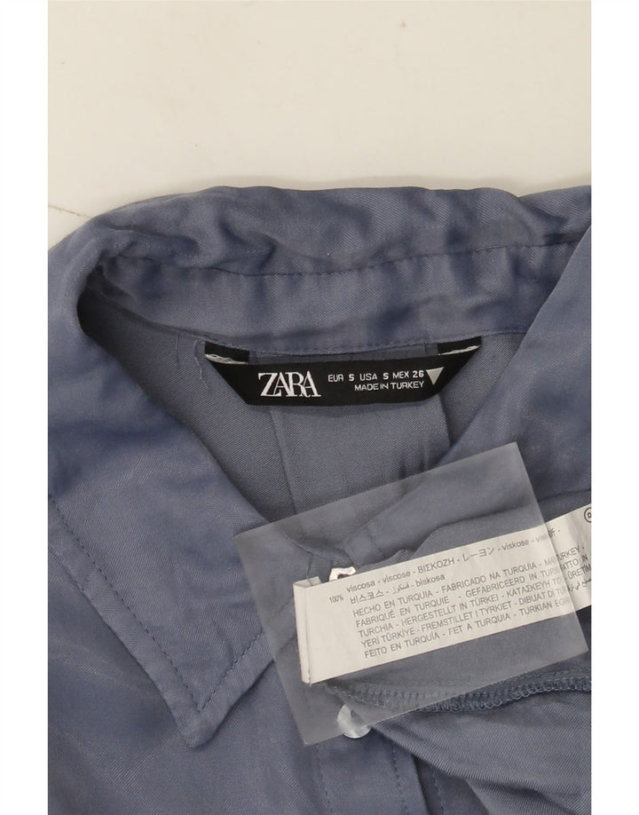 Zara Womens Oversized Crop Short Sleeve Shirt Blouse UK 10 Small Blue
