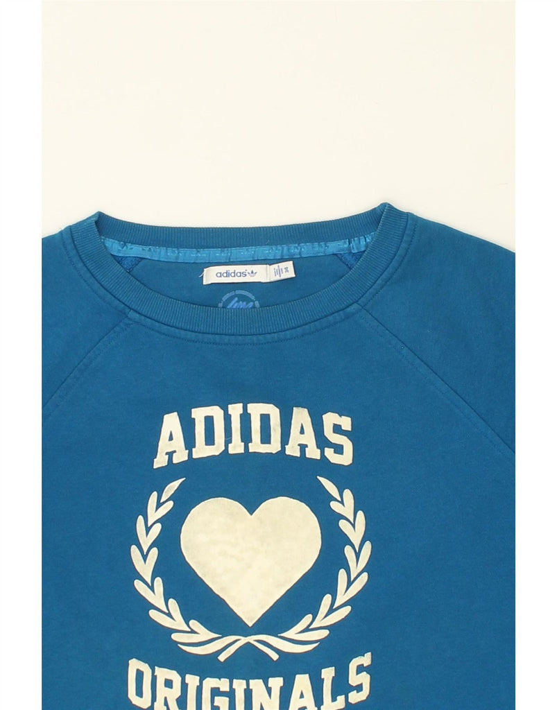 ADIDAS Womens Loose Fit Graphic Sweatshirt Jumper EU 36 XS Blue Cotton Vintage Adidas and Second-Hand Adidas from Messina Hembry 