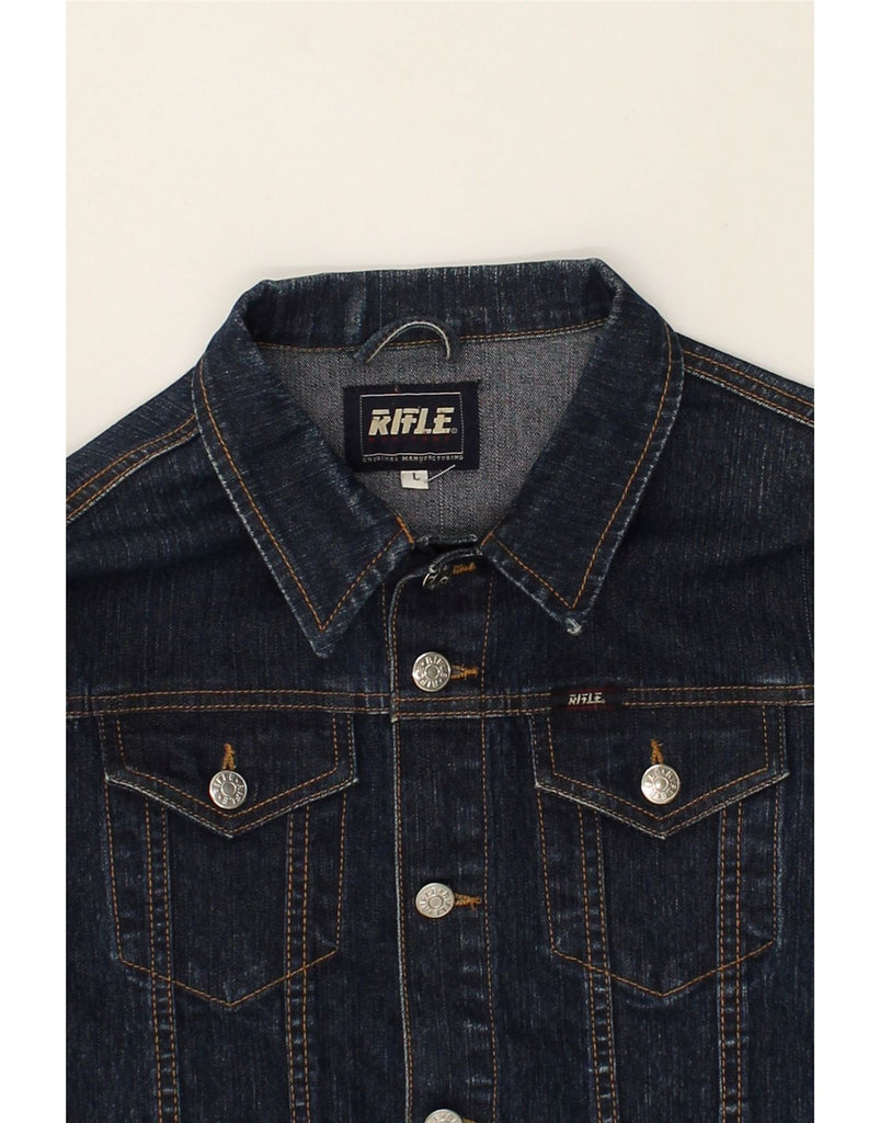 RIFLE Womens Denim Jacket UK 14 Large Navy Blue Cotton | Vintage Rifle | Thrift | Second-Hand Rifle | Used Clothing | Messina Hembry 