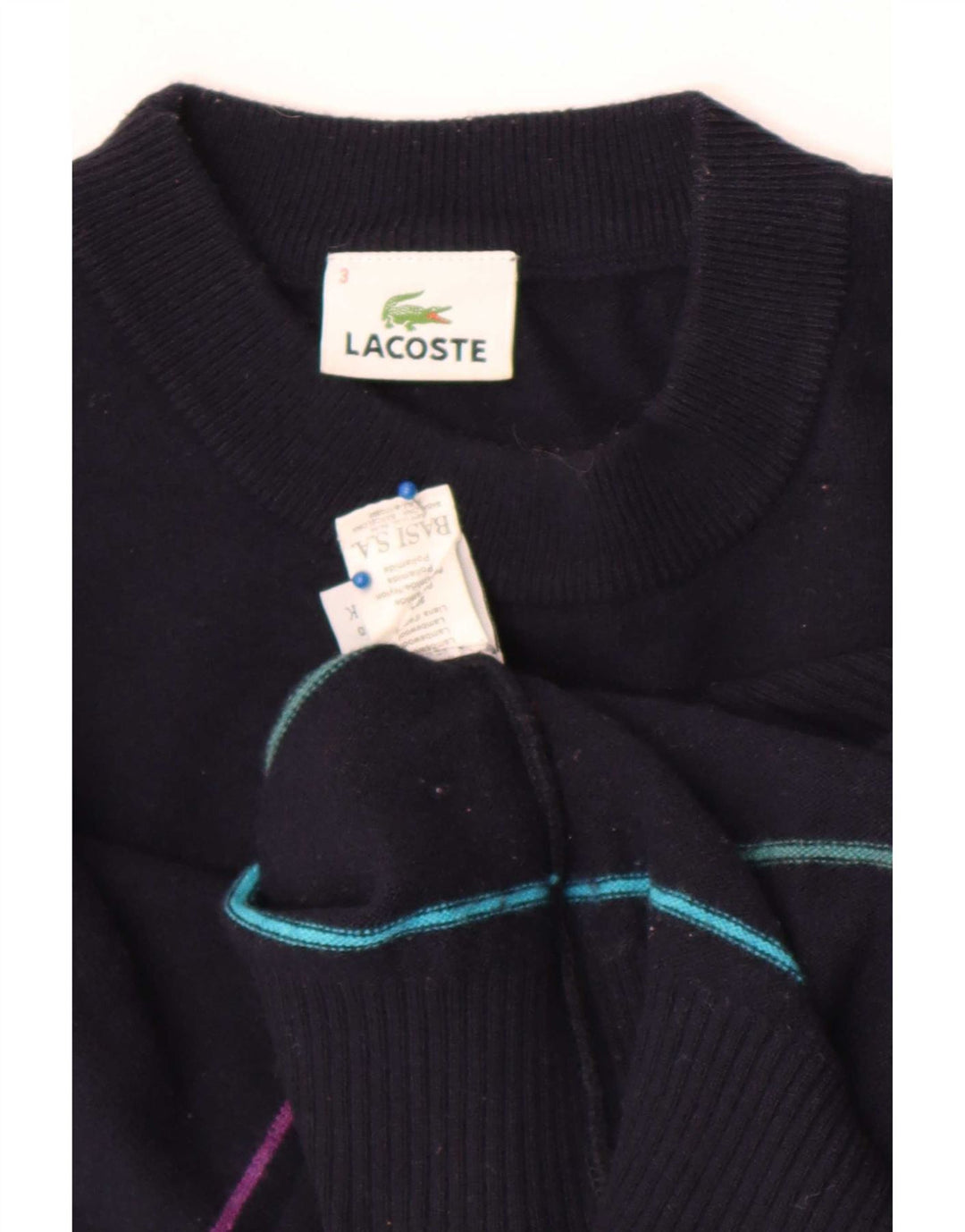 Lacoste Mens Crew Neck Jumper Sweater Size 3 Small Navy Blue Striped