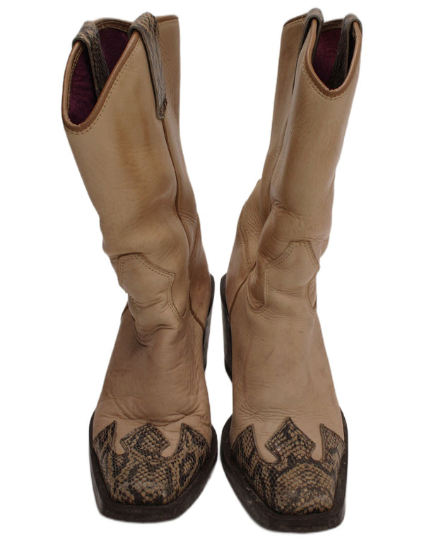 Vintage Womens Leather Cowboy Boots UK Size 6 Beige Animal Print Western
