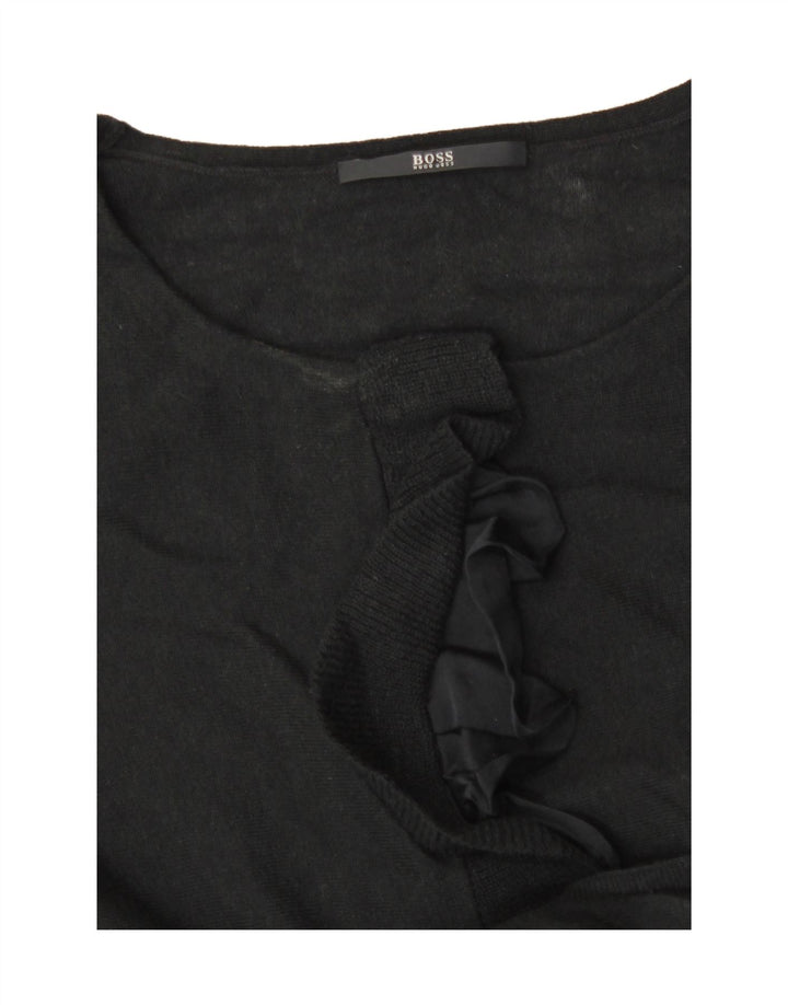 Hugo Boss Womens Ruffle Front Crew Neck Jumper Sweater UK 8 Small Black
