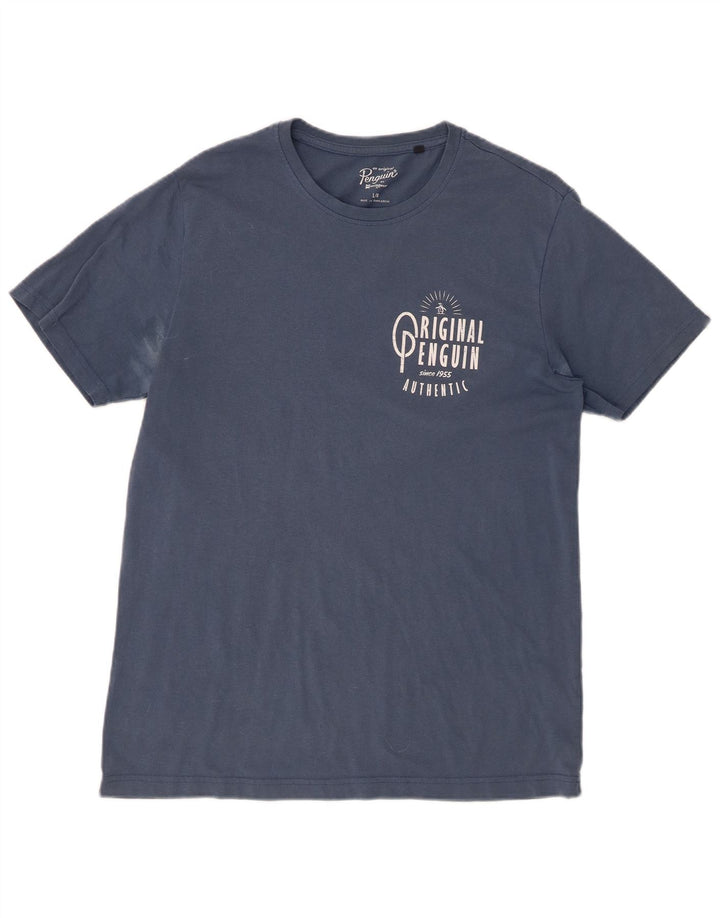 PENGUIN Mens Graphic T-Shirt Top Large Navy Blue Cotton