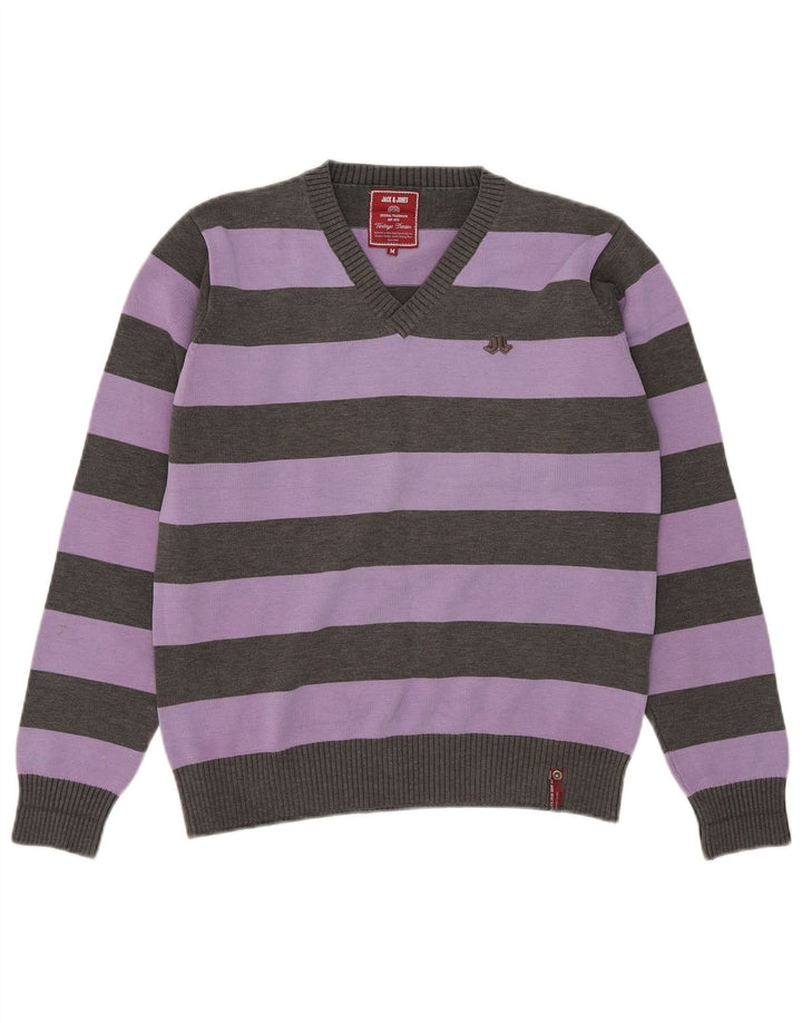 Jack & Jones Mens V-Neck Jumper Sweater Medium Purple Striped