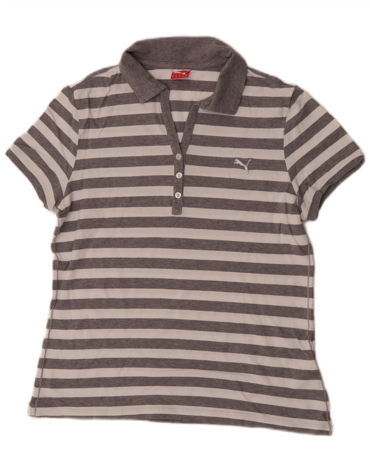 Puma Womens Polo Shirt UK 14 Medium Grey Striped Cotton