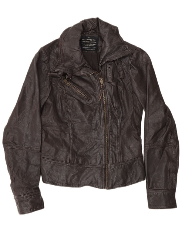 All Saints Womens Biker Jacket UK 8 Small Brown Leather