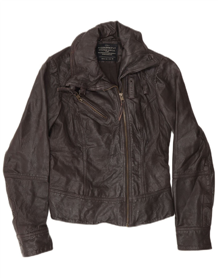 All Saints Womens Biker Jacket UK 8 Small Brown Leather