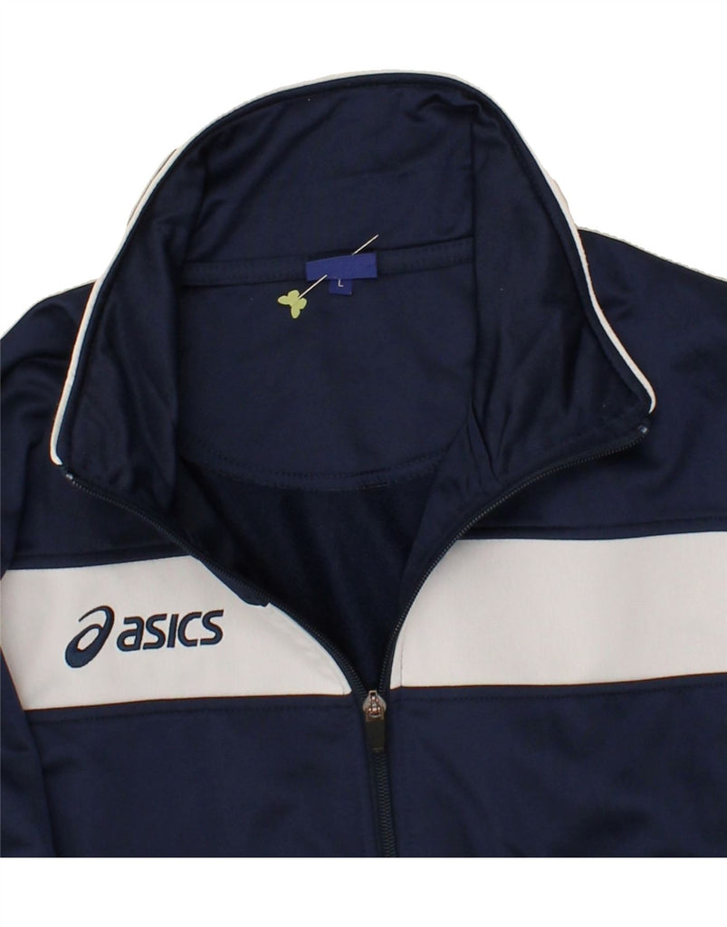 ASICS Mens Graphic Tracksuit Top Jacket Large Navy Blue Colourblock Vintage Asics and Second-Hand Asics from Messina Hembry 