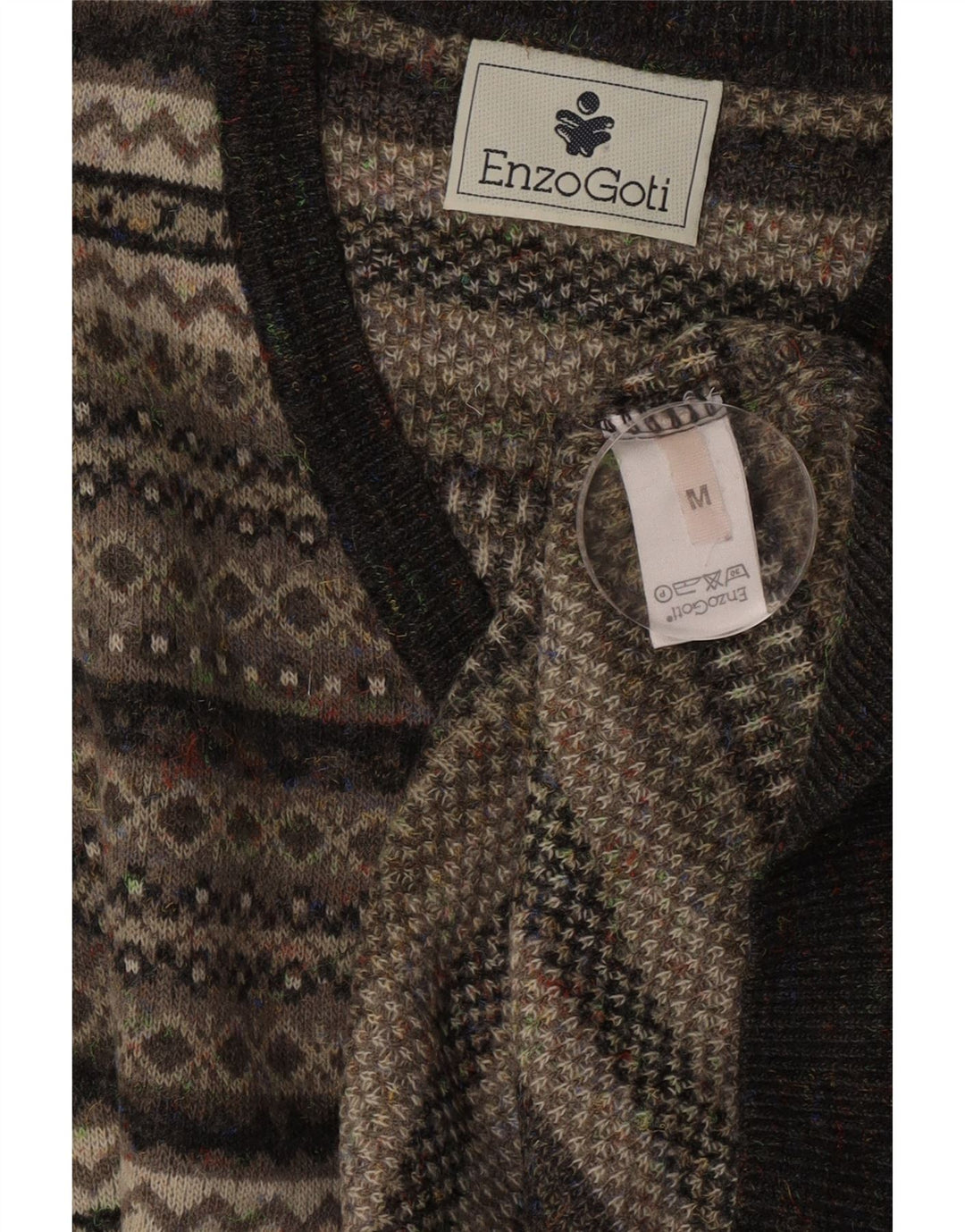 Enzo Goti Mens V-Neck Jumper Sweater Medium Grey Fair Isle Polyacrylic