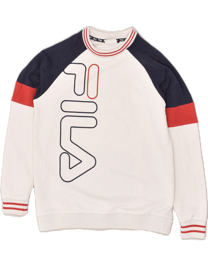 FILA Boys Graphic Sweatshirt Jumper 13-14 Years Off White Colourblock | Vintage Fila | Thrift | Second-Hand Fila | Used Clothing | Messina Hembry 