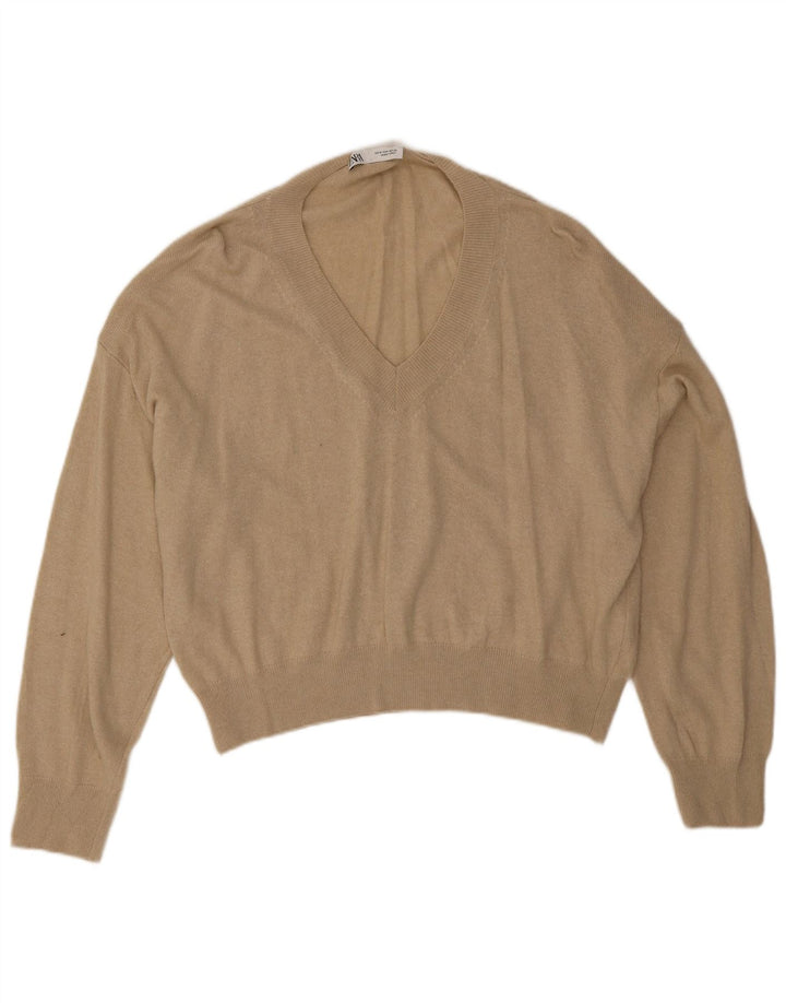 Zara Womens Crop Oversized V-Neck Jumper Sweater UK 14 Medium Beige Viscose