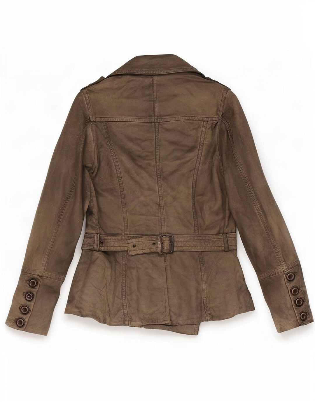 Vintage Womens Military Double Breasted Leather Jacket EU 38 Medium Khaki