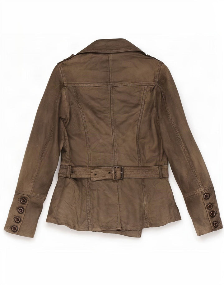 Vintage Womens Military Double Breasted Leather Jacket EU 38 Medium Khaki