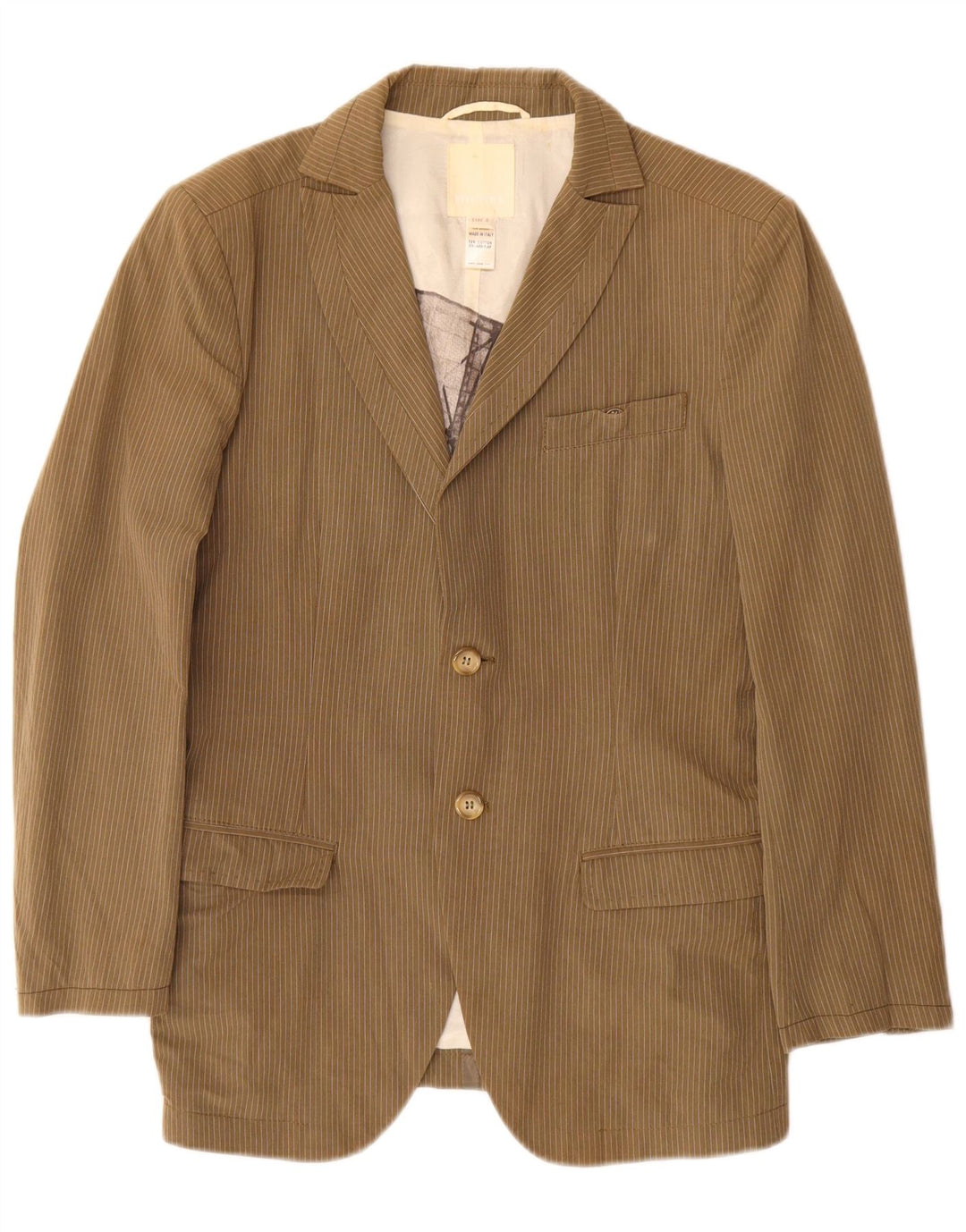 Diesel Mens 2 Button Blazer Jacket UK 36 Small Khaki Pinstripe Cotton