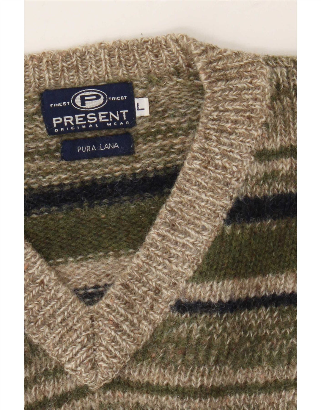 Vintage Mens V-Neck Jumper Sweater Large Khaki Striped Wool