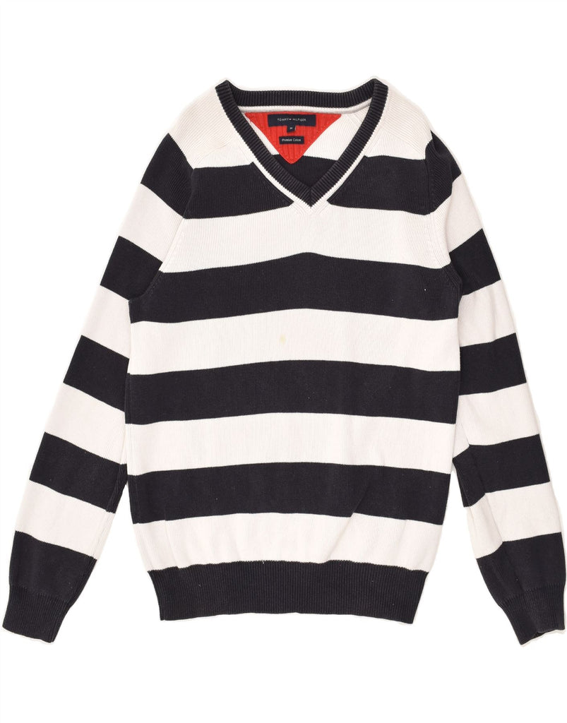 TOMMY HILFIGER Mens V-Neck Jumper Sweater Medium Black Striped Cotton | Vintage Tommy Hilfiger | Thrift | Second-Hand Tommy Hilfiger | Used Clothing | Messina Hembry 