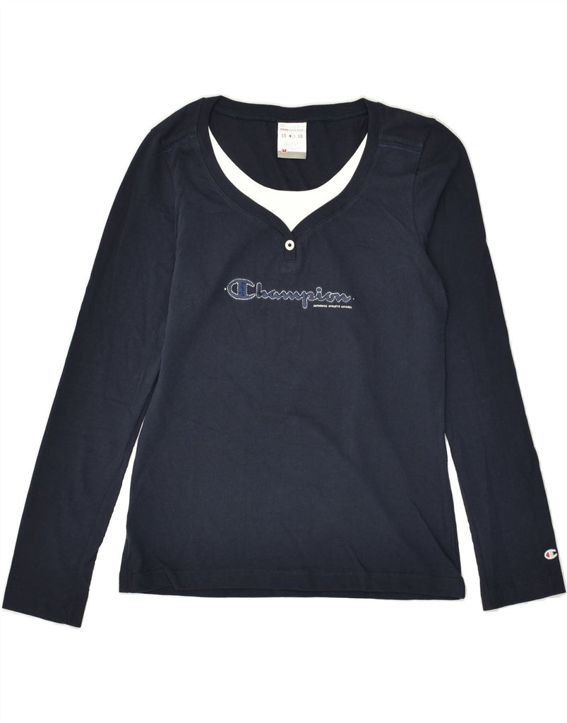 CHAMPION Womens Graphic Top Long Sleeve UK 12 Medium Navy Blue Cotton | Vintage Champion | Thrift | Second-Hand Champion | Used Clothing | Messina Hembry 