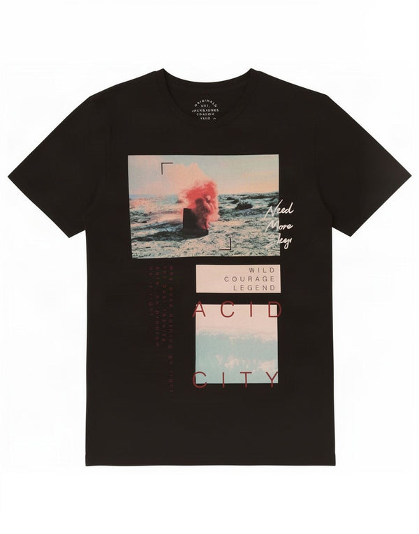 Jack & Jones Mens Graphic T-Shirt Top Medium Black Cotton