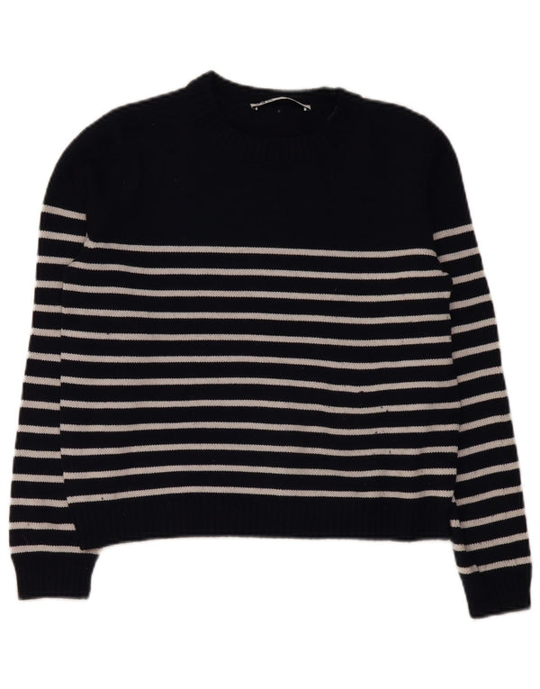 Zara Womens Crop Crew Neck Jumper Sweater UK 14 Medium Navy Blue Striped