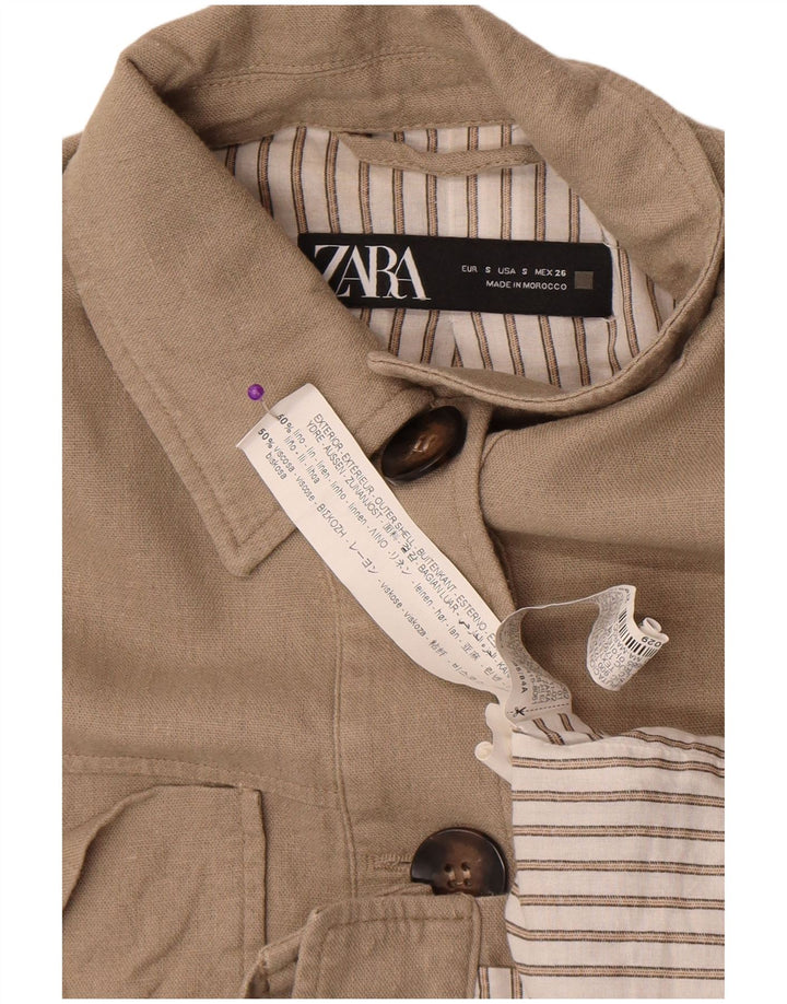 Zara Womens Crop Oversized Bomber Jacket UK 10 Small Beige Linen