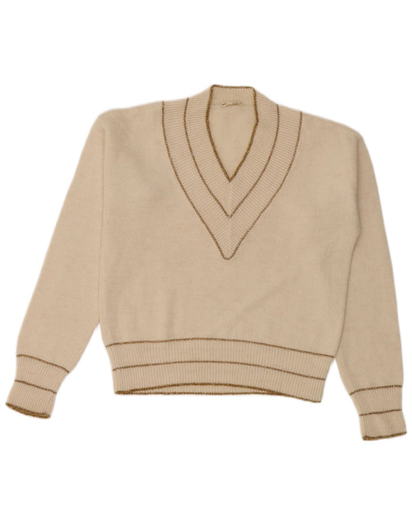 Vintage Womens V-Neck Jumper Sweater UK 10 Small Off White Striped