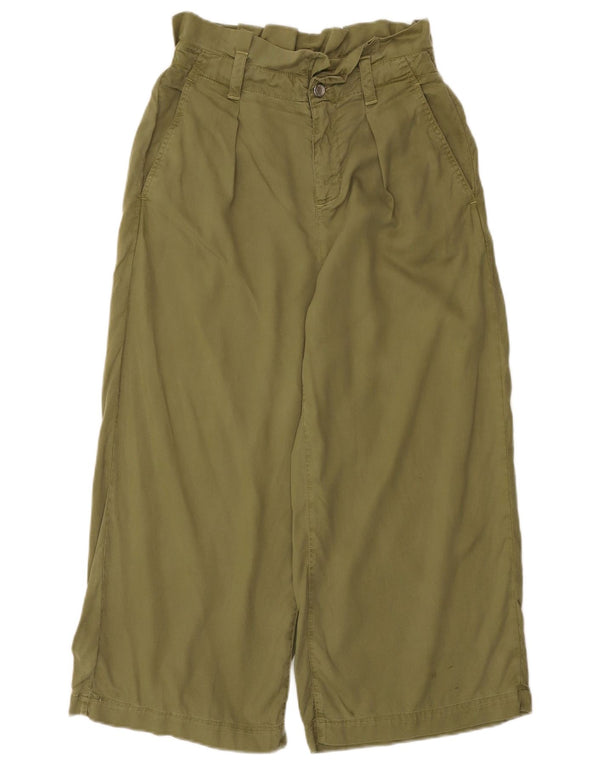 Zara Womens Wide Leg Pegged Capri Trousers Small W26 L21 Khaki Lyocell