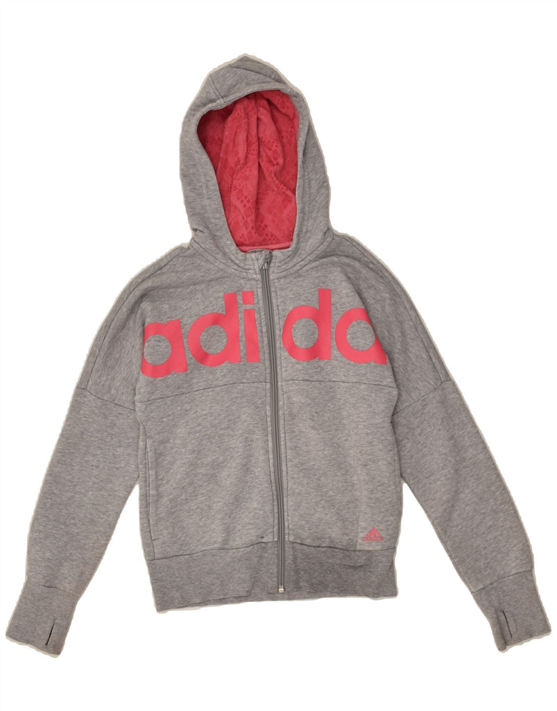 ADIDAS Girls Graphic Zip Hoodie Sweater 9-10 Years Grey Cotton | Vintage Adidas | Thrift | Second-Hand Adidas | Used Clothing | Messina Hembry 