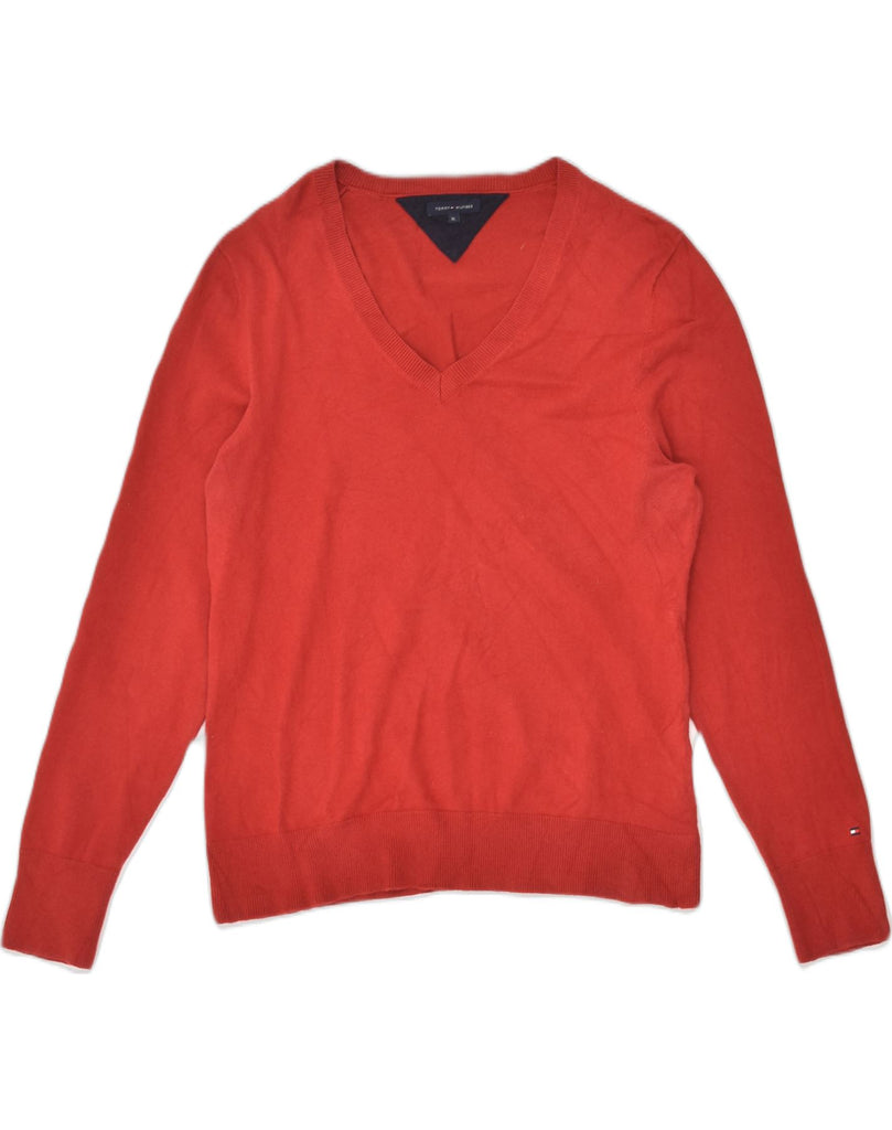 TOMMY HILFIGER Womens V-Neck Jumper Sweater XL Red Cotton | Vintage Tommy Hilfiger | Thrift | Second-Hand Tommy Hilfiger | Used Clothing | Messina Hembry 