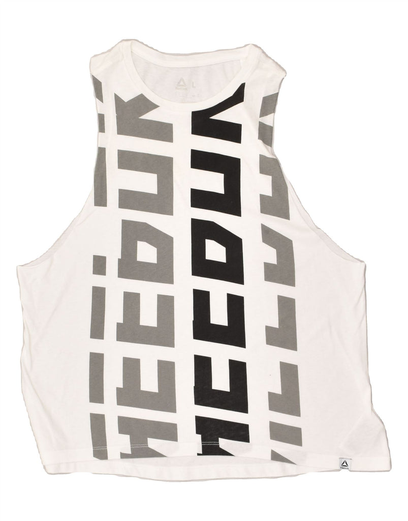 REEBOK Womens Graphic Vest Top UK 16 Large White Cotton | Vintage Reebok | Thrift | Second-Hand Reebok | Used Clothing | Messina Hembry 