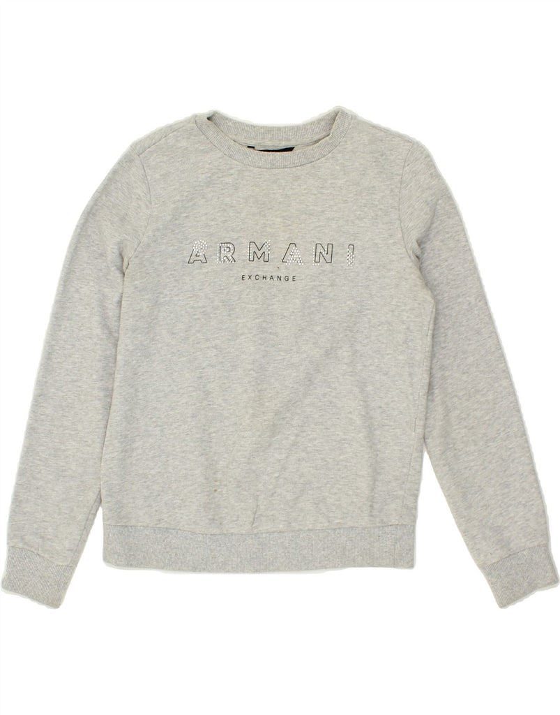 ARMANI Womens Graphic Sweatshirt Jumper UK 10 Small Grey Cotton Vintage Armani and Second-Hand Armani from Messina Hembry 