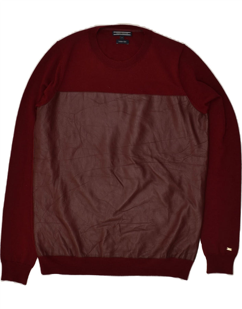 TOMMY HILFIGER Mens Crew Neck Jumper Sweater Medium Burgundy Colourblock | Vintage Tommy Hilfiger | Thrift | Second-Hand Tommy Hilfiger | Used Clothing | Messina Hembry 