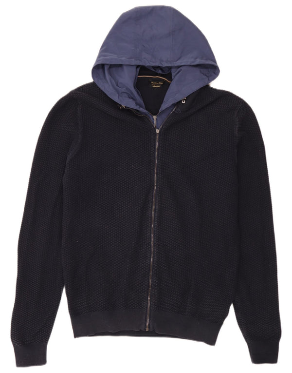 Massimo Dutti Mens Hooded Cardigan Sweater XL Navy Blue Colourblock Cotton