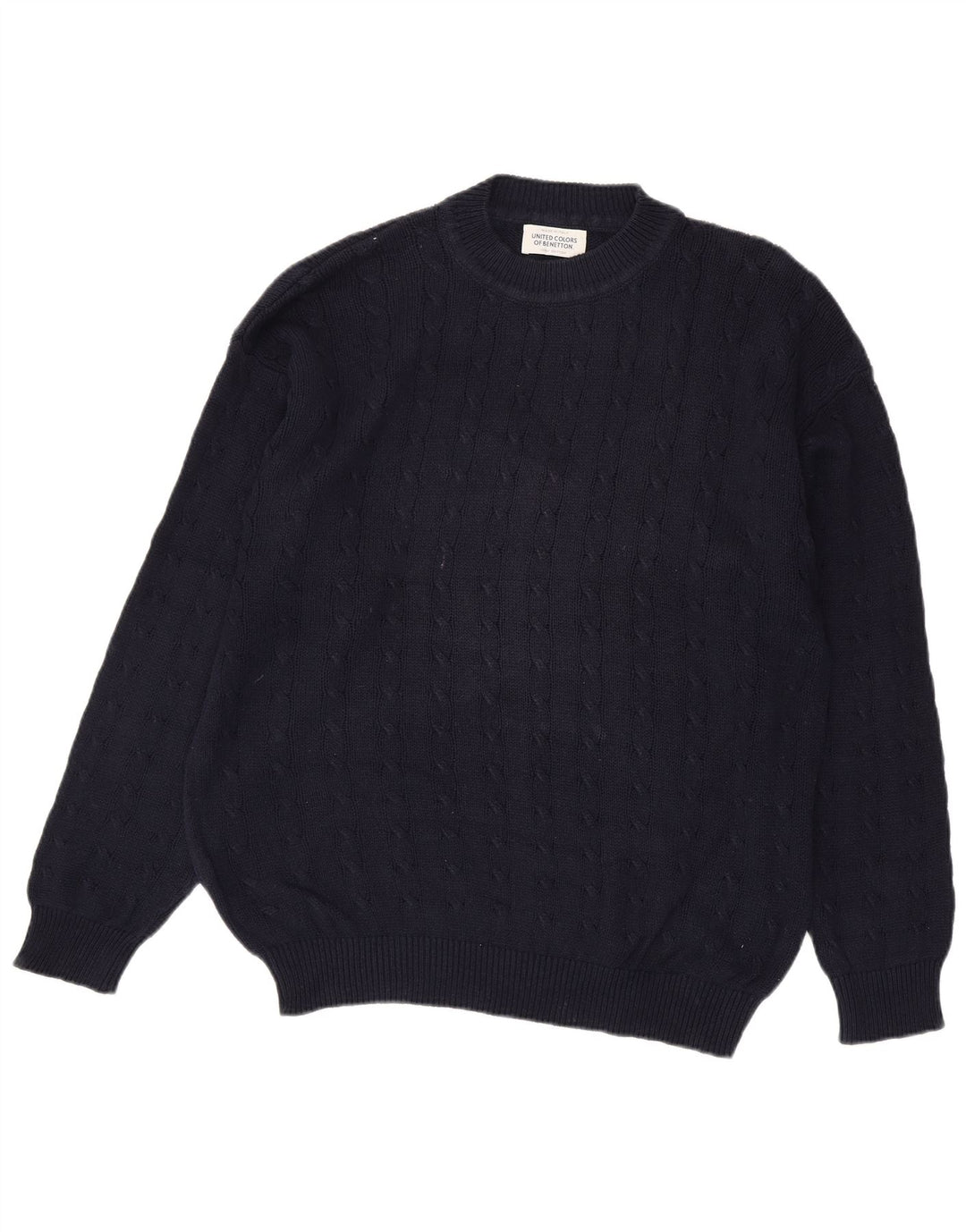 Benetton Mens Crew Neck Jumper Sweater Large Navy Blue Cotton